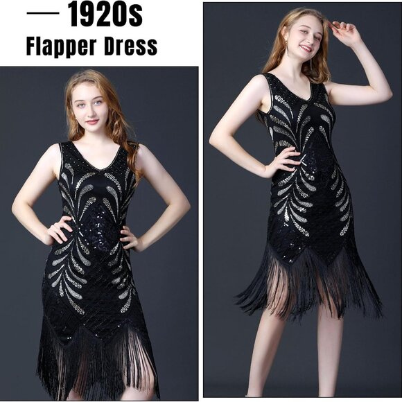 1920s V Neck Sequin Beaded Fringed Dress with 20s Accessories Set - Picture 2 of 6